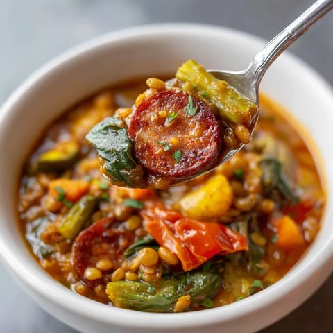 Una cacerola con una porción de sopa de lentejas y chorizo.