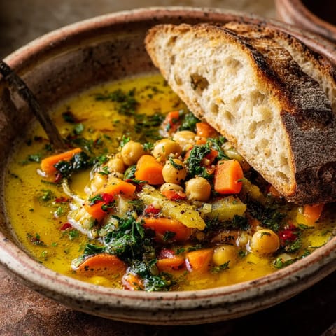 Guiso de verduras con pan rustico.