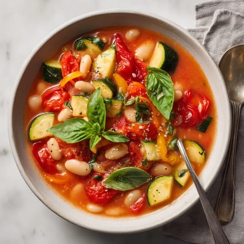 Un plato de sopa con tomate y guisantes.