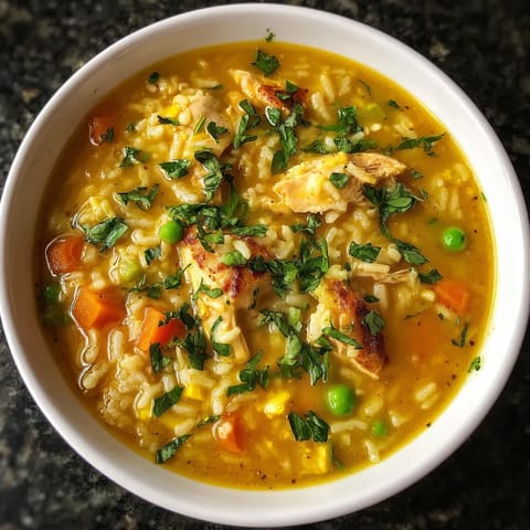 Un plato de sopa de pollo y arroz con saffron.