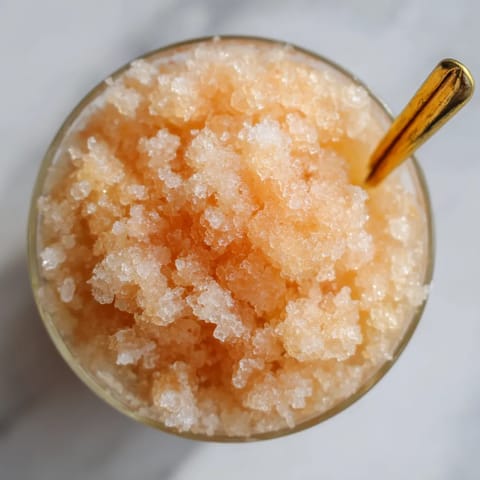 Un vaso de granita de frutas con una cuchara dorada.