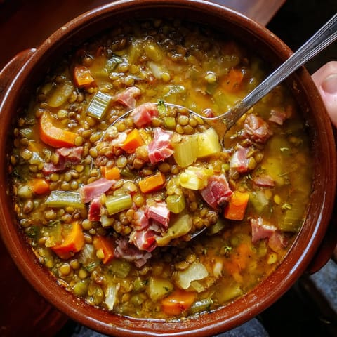 Rustic lentil soup with jamon.