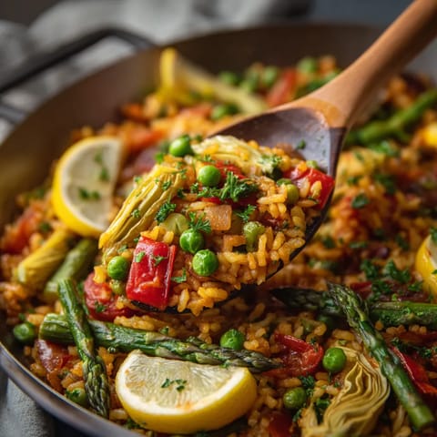Una paella con verduras de primavera.