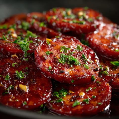 Un plato de chorizo en salsa de vino tinto.