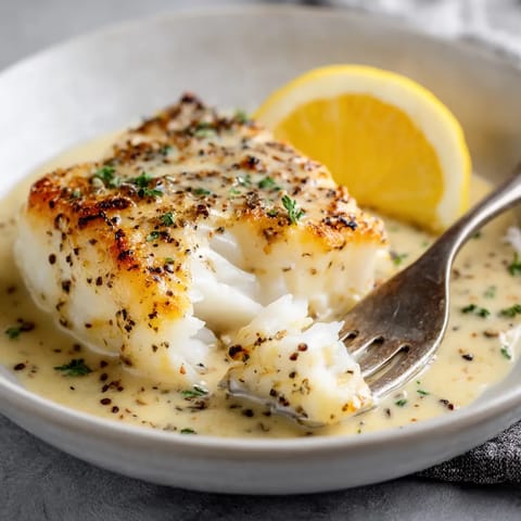 Baked cod with piquillo pepper sauce.