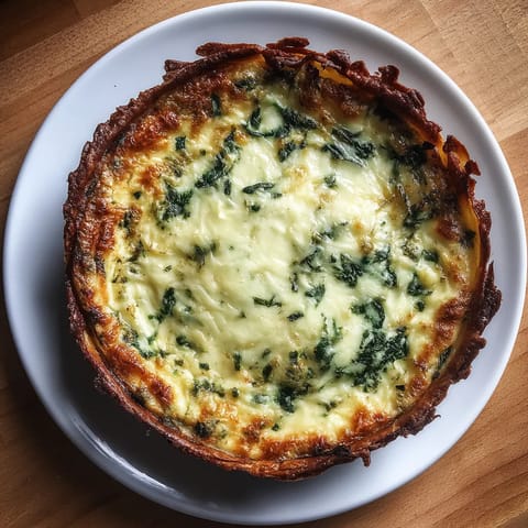 Una tarta de espinaca y queso con masa de papas.