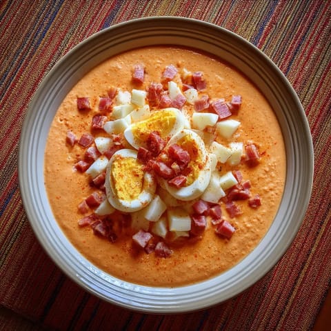 Salmorejo cordobés con huevo y jamón.