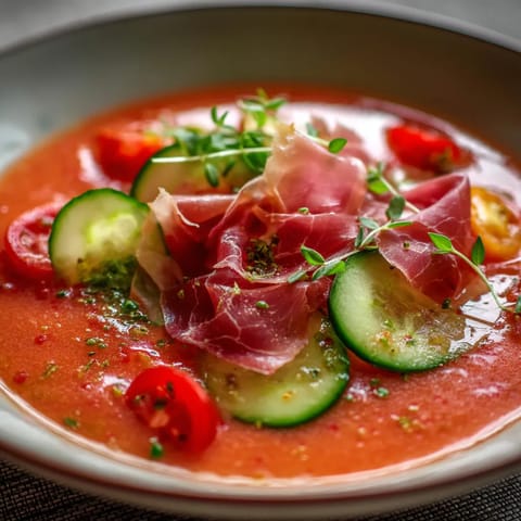 Gazpacho de cerezas con virutas de jamón.