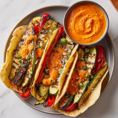 Grilled zucchini tacos with romesco sauce.