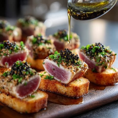 Seared tuna bites con tapenade de aceite de oliva en un pan de cristal.