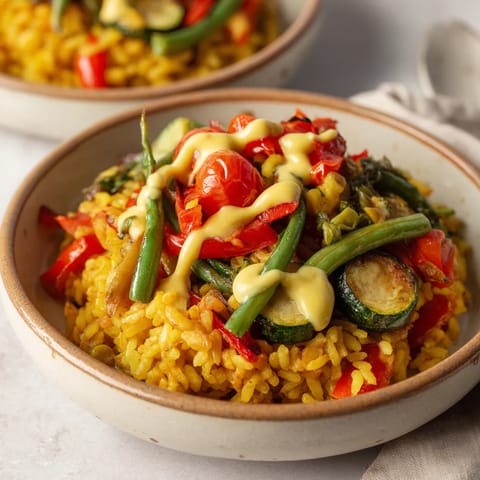 Platos de arroz con verduras asadas y aioli de azafrán.