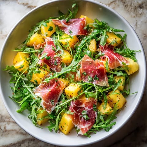 Salade de melon, roquette y coppa.