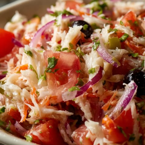 Una ensalada de tomate, cebolla, pepino y aceite de oliva.