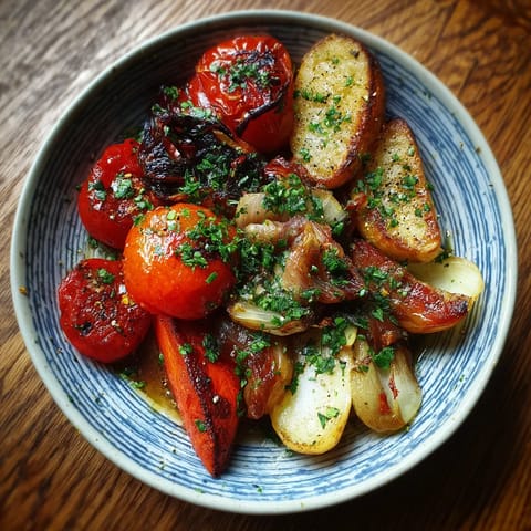 Un plato de escalivada con tomates, papas, cebolla y pimiento.