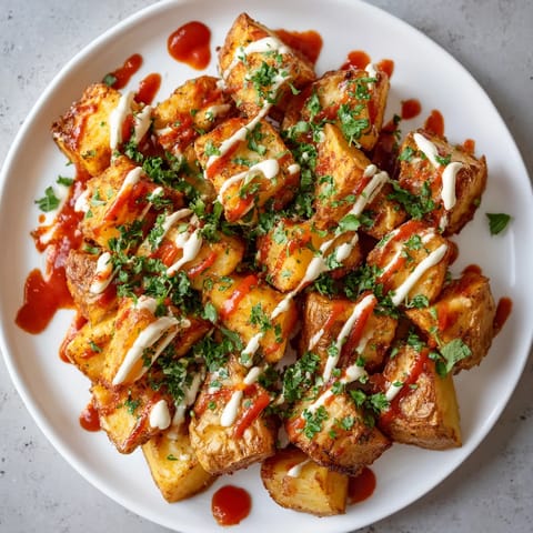 Plato de papas fritas con salsa.