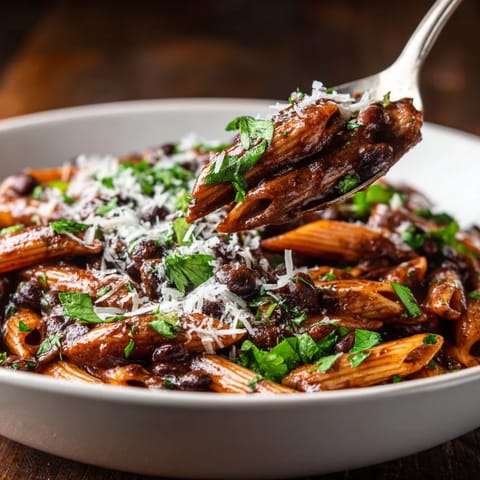 Penne con salsa mole de chocolate.
