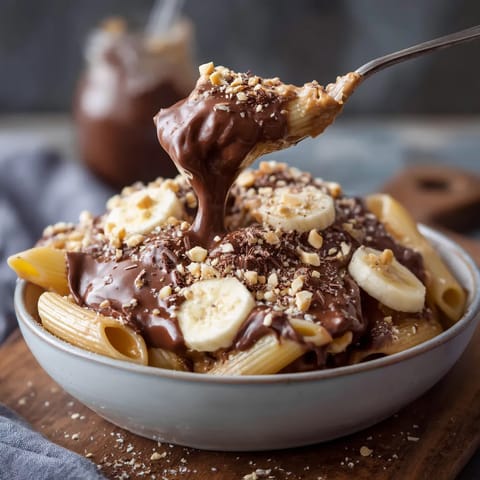 Un plato de pasta con chocolate, bananas y mantequilla de nueces.