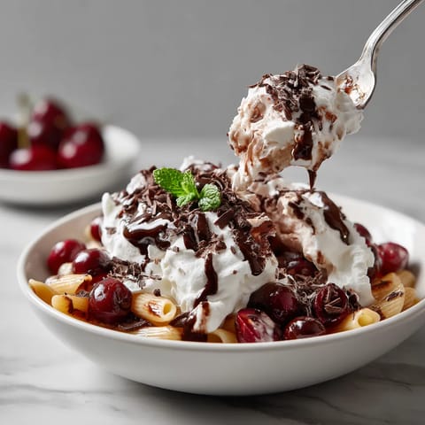 Penne con salsa de chocolate, cherries y crema batida.