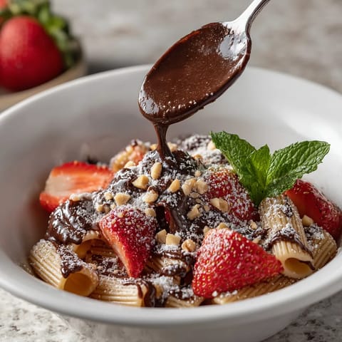 Un plato de pasta con chocolate y nueces, con trozos de fresa y limón.