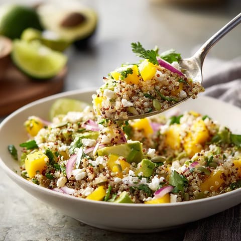 Una cena de quinoa con mango, aguacate y queso fresco.