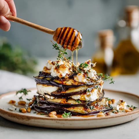 Un plato de millefeuille de ajo con queso de cabra y miel de caña.