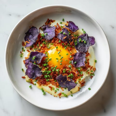 Sous-Vide Eggs on Sweet Chorizo Cream with Purple Potato Chips.