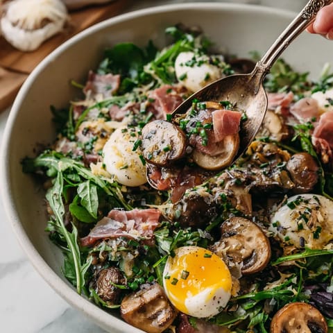 Salad de mushrooms caliente con jamón ibérico y huevo de quail.