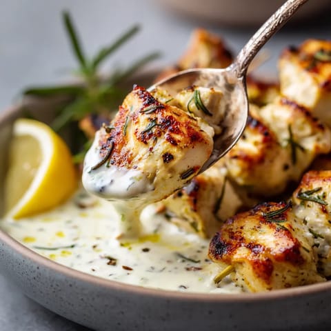 Chuletas de pollo con limón y romero, con salsa de yogur.
