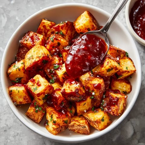 Un plato de papas fritas con salsa.