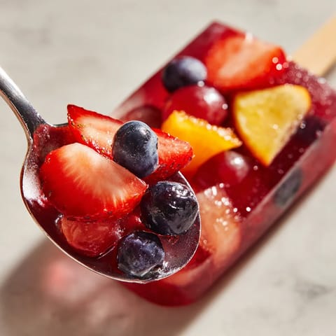 Un trozo de "NoLo Sangría Popsicles" con frutas y pasas.