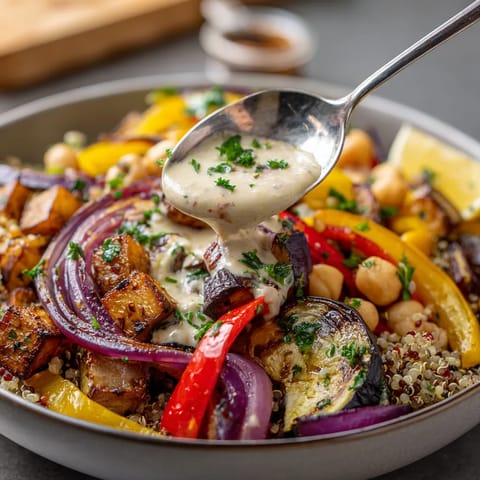 Un plato de ensalada con vegetales y salsa.
