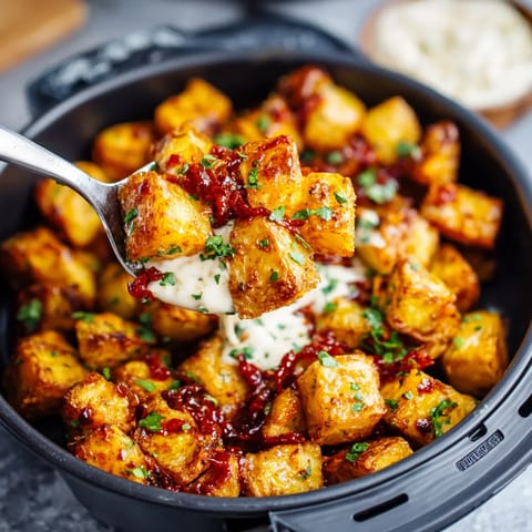 Patatas fritas con salsa y cebolla.
