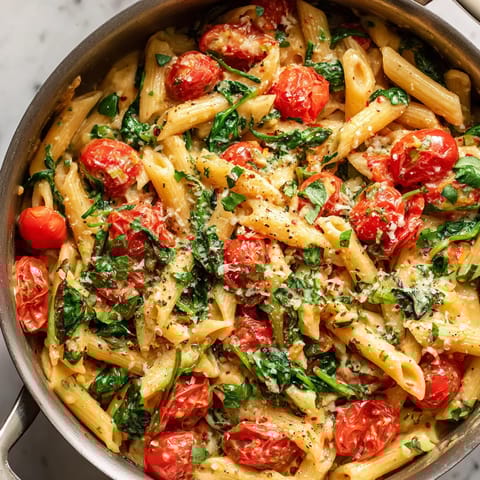 Una cacerola llena de pasta con tomates y espinacas.