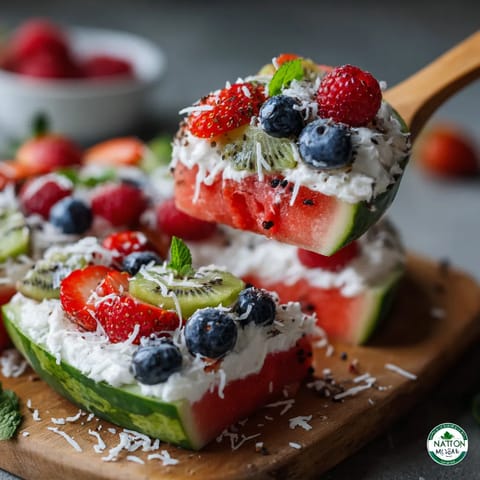 Un trozo de pizza hecho con frutas frescas.