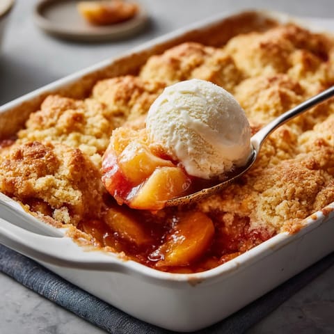Un plato de cobbler de manzana con una cuchara de plástico.
