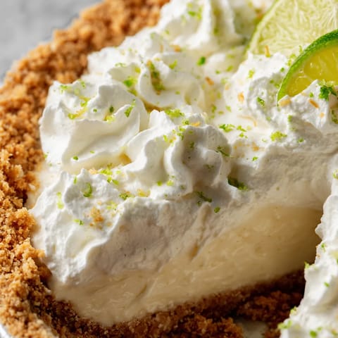 Un trozo de pie de limón con crema y limones.