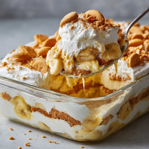 Banana pudding con trozos de banana y crema.