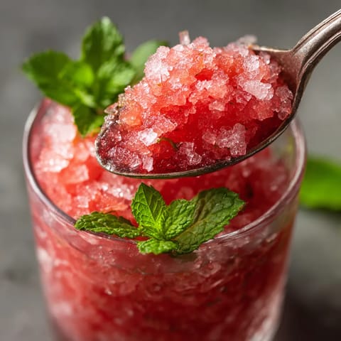 Un trozo de granita de melón con hojas de menta.