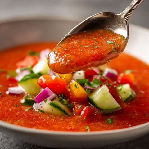 Una cuchara de metal cae sobre una ensalada de tomate y cebolla.