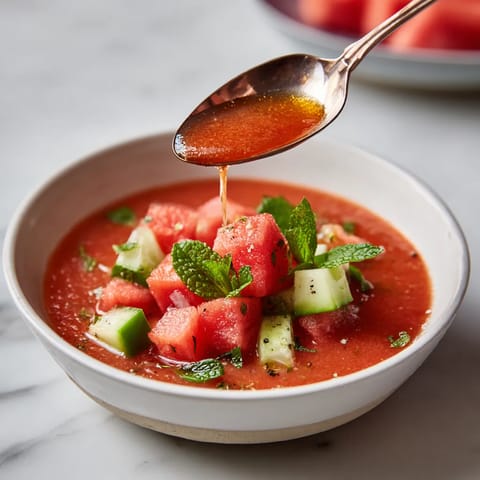 Gazpacho con trozos de frutas y hierbas.