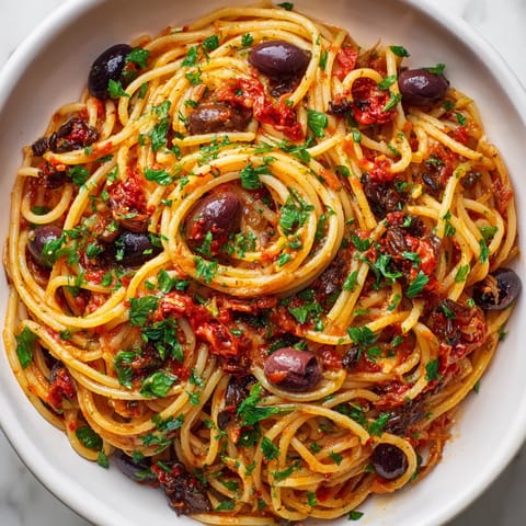 Un plato de espaguetis a la puttanesca con verduras y aceite de oliva.