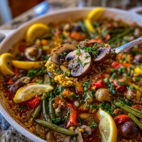 Una paella con mushrooms y verduras.