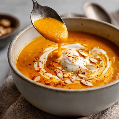 Una porción de sopa de calabaza con especias y crema.