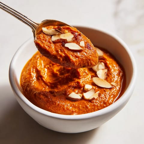 Una porción de Romesco con almendras tostadas y peras asadas.