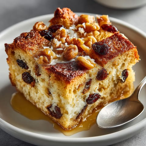 A slice of cake with nuts and fruit on top.