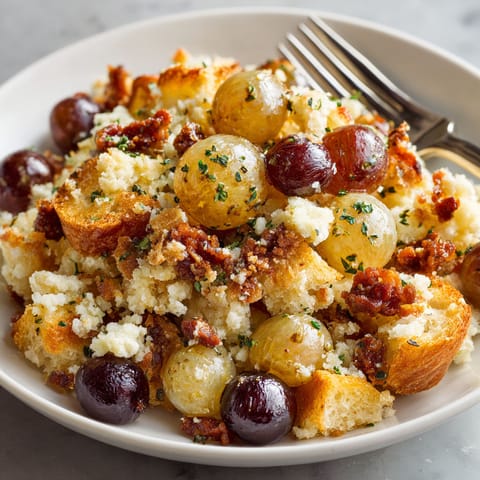 A plate of Migas de Pastor con Uvas y Chorizo Crujiente.