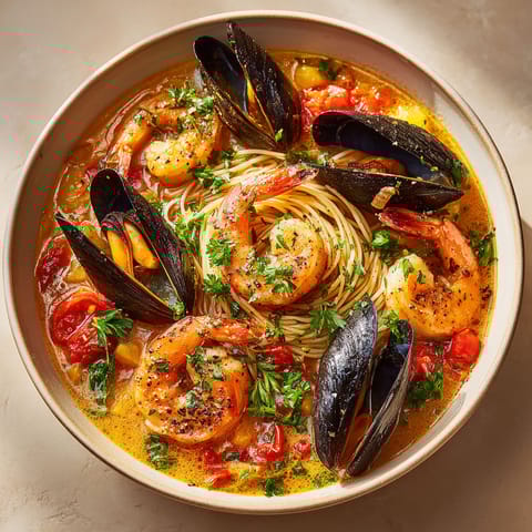 A bowl of seafood with shrimp, mussels, and clams.