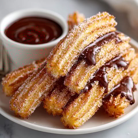 A plate of churros with chocolate sauce.