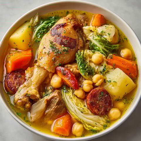 A bowl of soup with vegetables and meat.