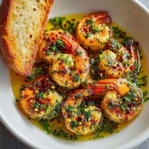 A bowl of shrimp with a toast and a slice of bread.